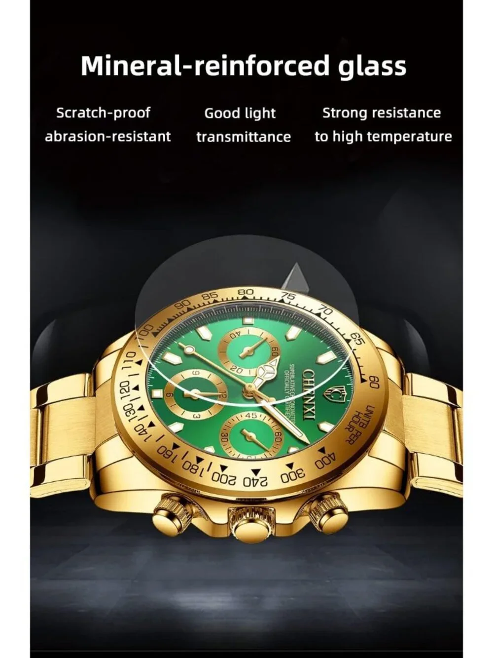 Men's Green Analog Quartz Gold Stainless Steel Crystals Classic Wrist Watch